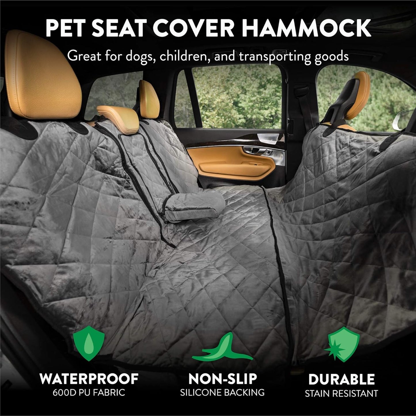 Plush Paws Products Velvet Convertible Rear Seat Cover | Durable Diamond Stitching | Washable & Waterproof Back Seat Cover | Car, Truck & SUV | Nonslip, Tear Resistant Protection | X-Large London Grey
