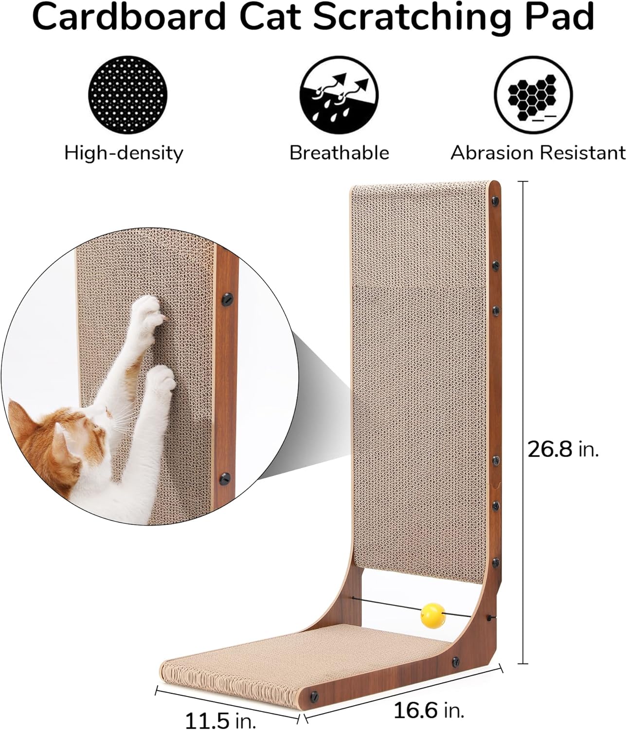 FUKUMARU Cat Scratcher, 26.8 Inch Cat Scratch Pad for Indoor Cats, L Shaped Cardboard Vertical Cats Scratching Board with Ball Toy, Walnut Color, 2 Packs