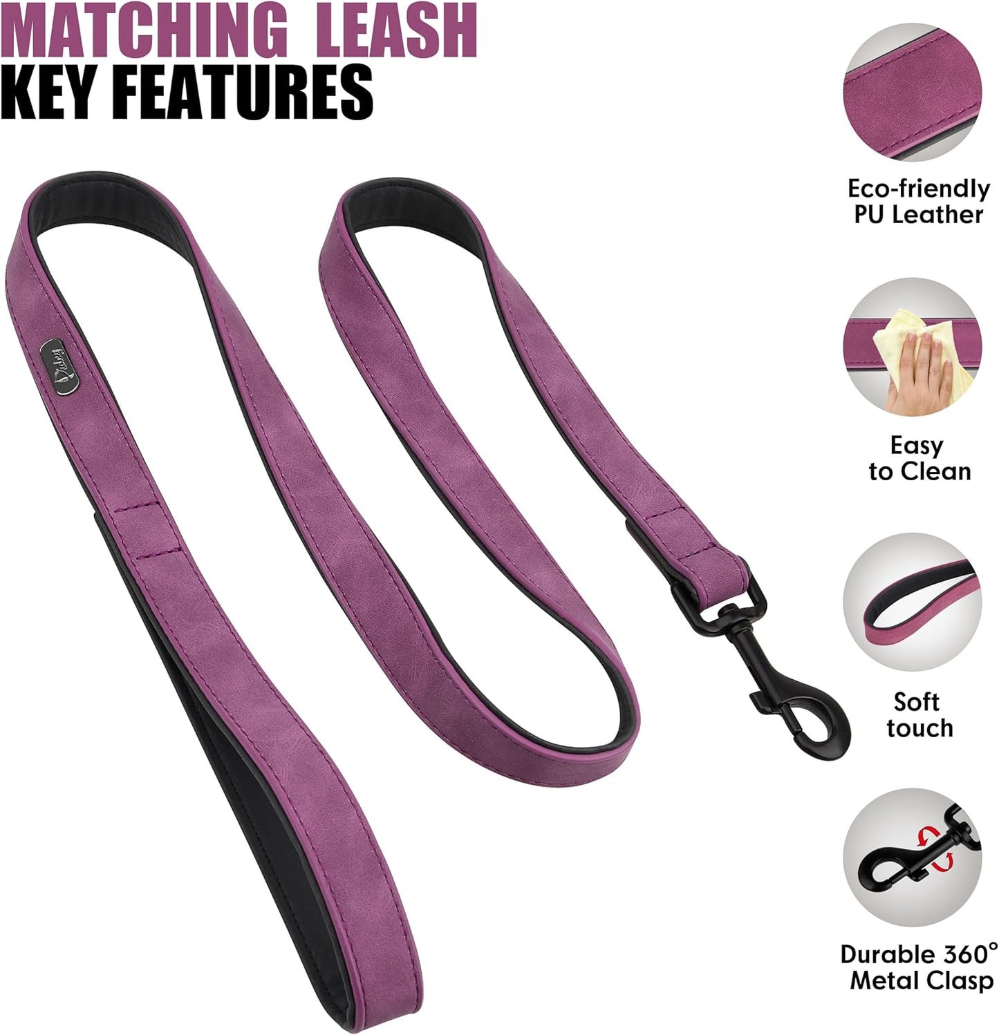 Didog Soft Padded Leather Dog Collar and Leash Set, Heavy Duty Dog Leash and Collar Set with Metal Buckle, Breathable Dog Collars with 4FT Leather Dog Leash for Small Medium Large Dogs, Purple, M