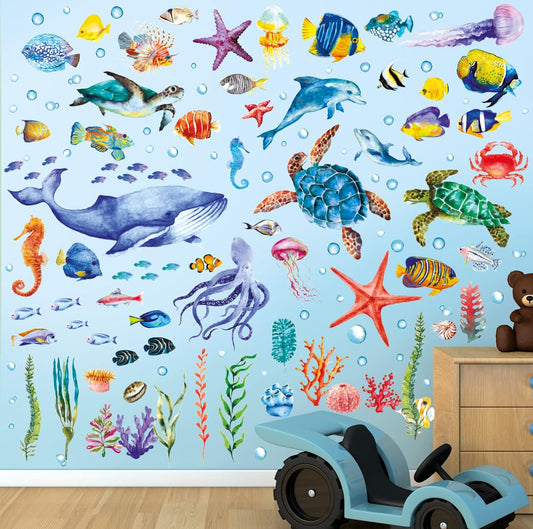 BASHOM DS12-8048 128 Pieces Under The Sea Wall Decals Ocean Fish Stickers Turtle Jellyfish Seaweed Removable for Kids Bedroom Nursery Living Room Home Art Decor Bathroom Baby
