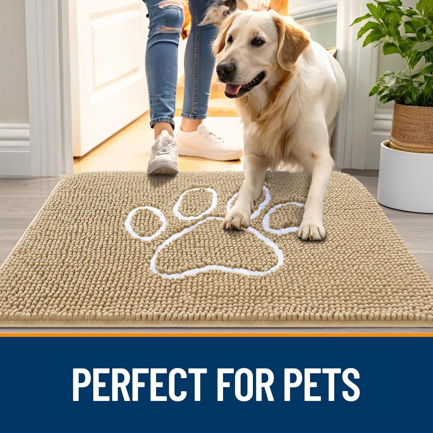 OLANLY Door Mat for Muddy Dog Paws 59x35, Ultra Absorbent Chenille Mud Doormat with Paw Print Design, Non-Slip Washable Doormat for Indoor Entryway, Quick-Dry Pet Bed Mats for Dirty Dogs, Beige