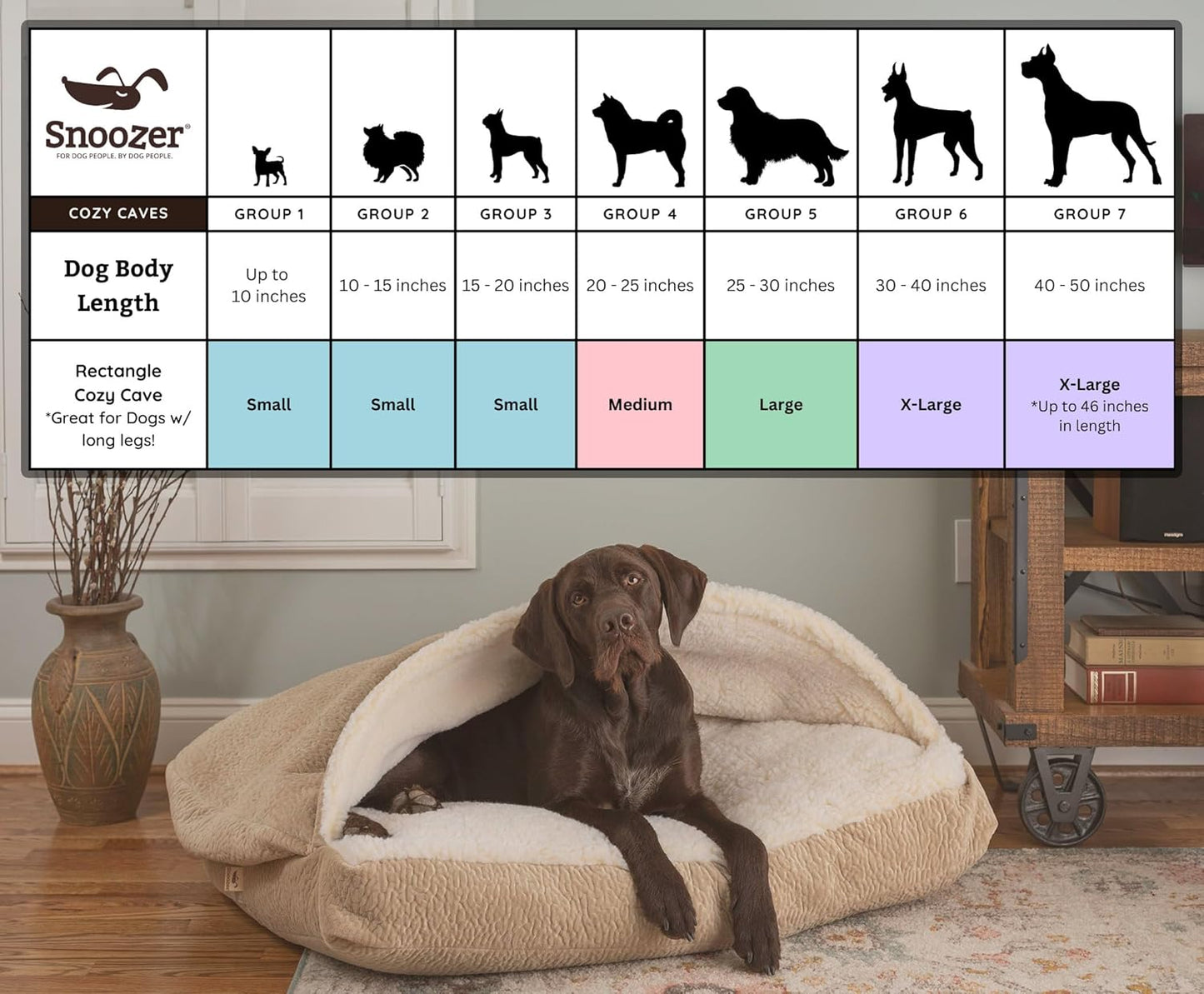 Snoozer Rectangle Cozy Cave Dog Bed - Indoor Dog Bed with Cover Cave, Covered Calming Burrow for Small & Medium Sized Pets with Blanket Attached, Enclosed, Washable - Medium, Olive