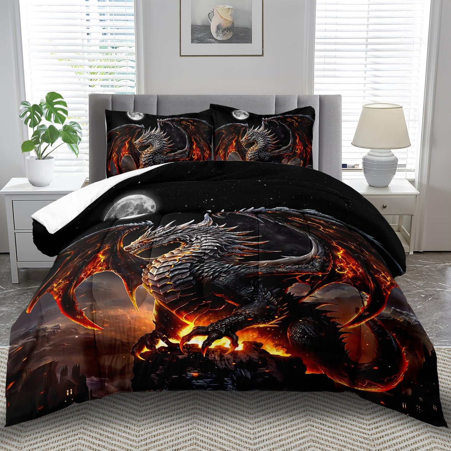 Black Dragon Comforter Set Queen Adult,Flame Dragon Bedding Set for Boys,Magical Beast Bedding Fantasy Animal Comforter Beedroom Decor,Magical Beast Quilt Bed Decor