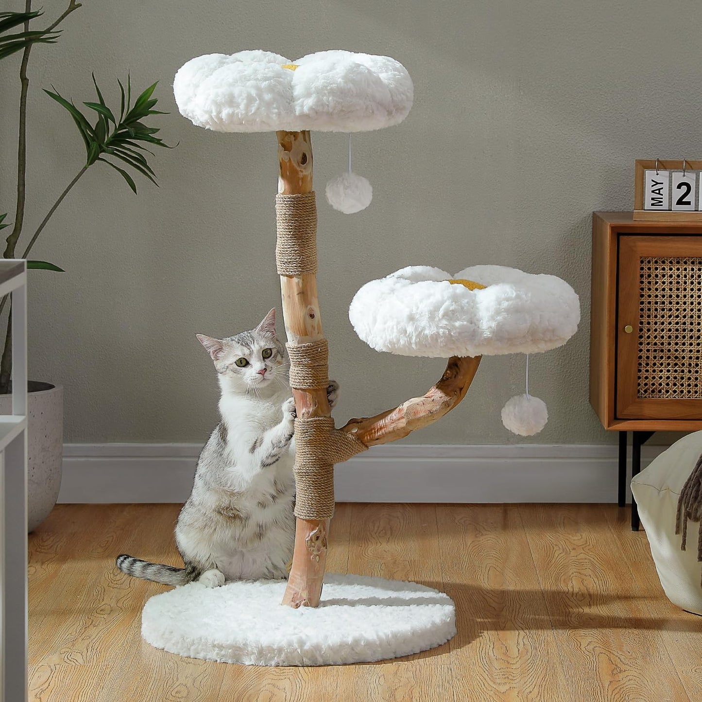 Wood Flower Cat Tree, Modern Cat Tower with Real Wood Branches, Luxury Boho Furniture with Scratching Post and 2 Perches, Cat Climbing Tower for Indoor Cats, Cloud White