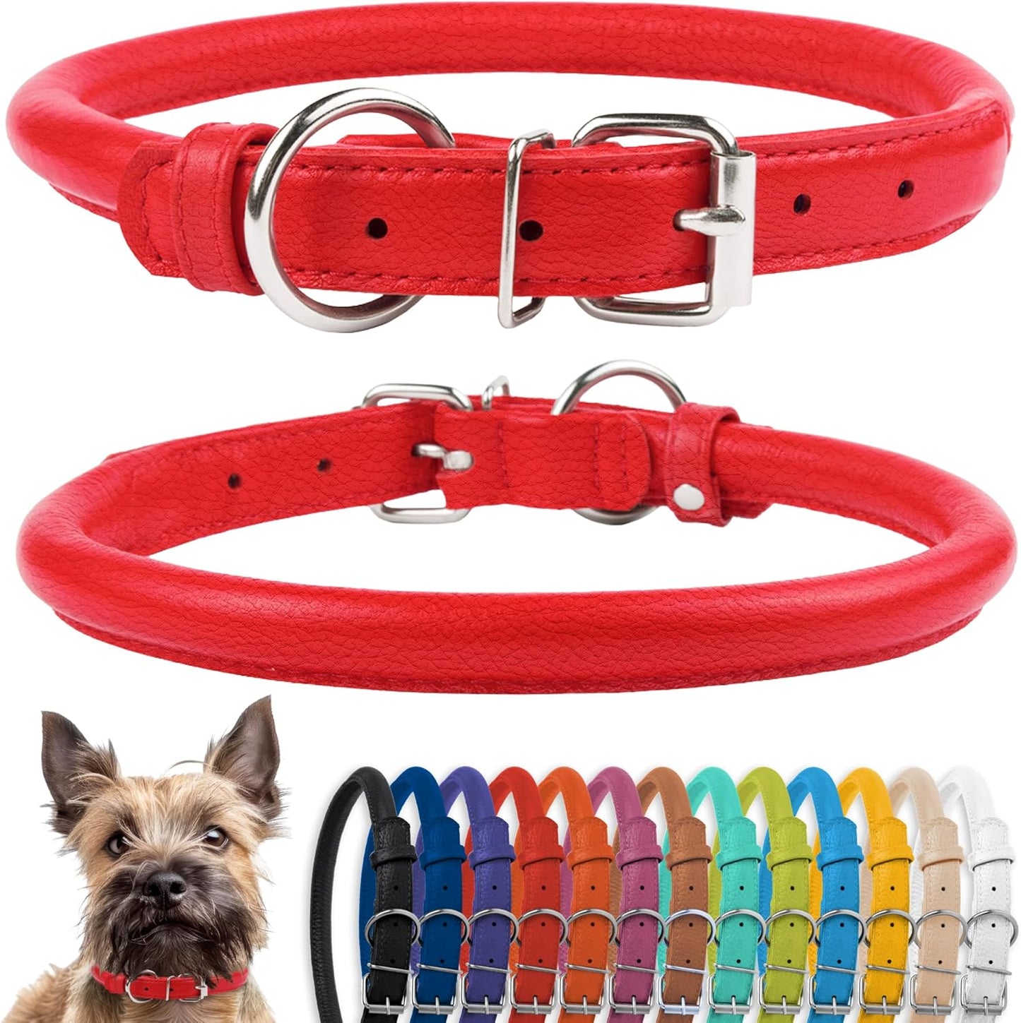 CollarDirect Rolled Leather Dog Collar, Soft Padded Round Puppy Collar, Handmade Genuine Leather Collar Dog Small Large Cat Collars 13 Colors (8-11 Inch, Red Textured)
