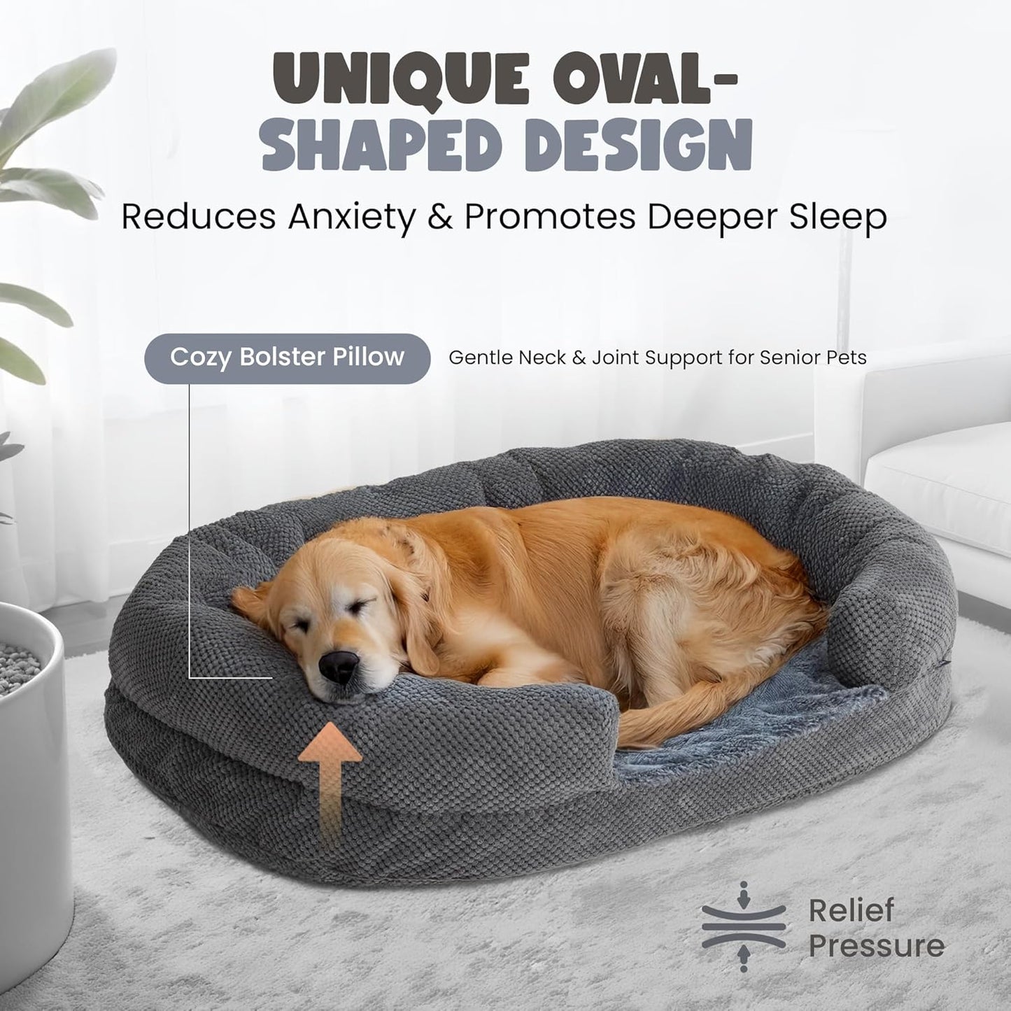 Orthopedic Dog Bed for Extra Large Dogs, Extra-Thick 3.6" Foam Fluffy Fur Sofa with Comfortable Sides, Soft and Big Dog Couch Bed with Washable Removable Cover and Non-Slip Oval Bottom, Grey