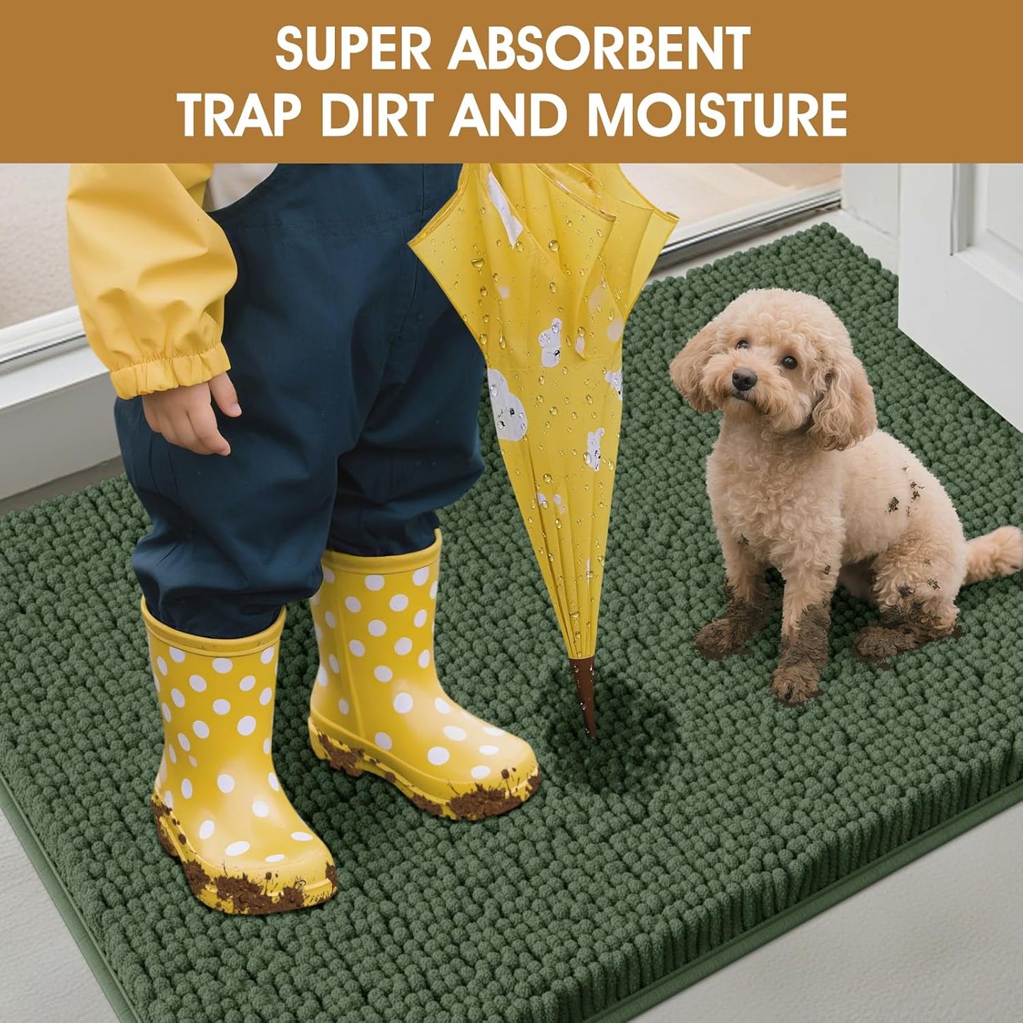 Extra Large Dog Door Mats for Muddy Paws, Chenille Absorbent Dog Mats, Non Slip Heavy Mud Mat for Dogs, Soft Pet Mat for Entryway, Mud Paws, Inside Floor,60" x 36", Olive