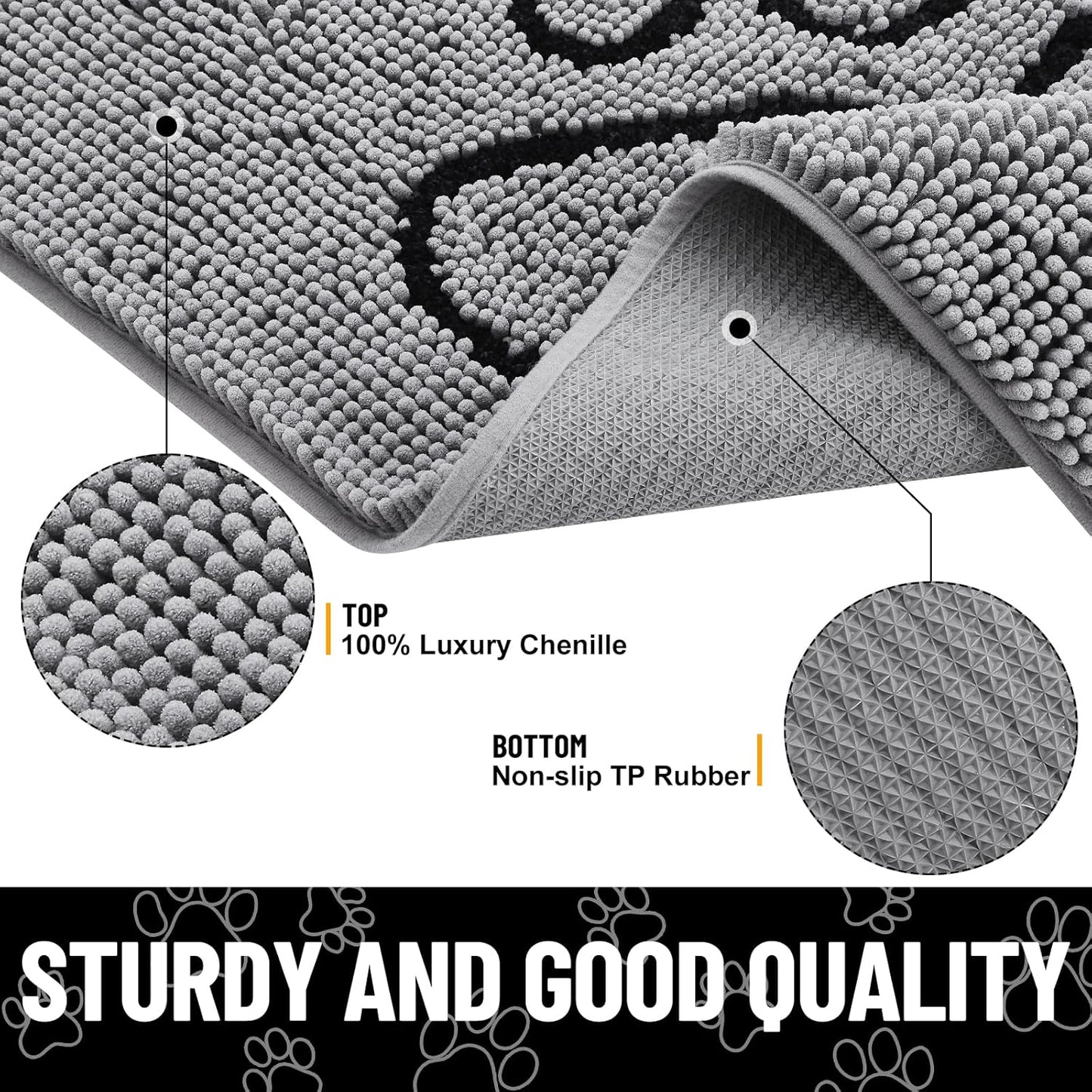 Smiry Dog Door Mat for Muddy Paws, Absorbent Dirt Trapper Non Slip Quick Dry Washable Chenille Mat for Mud Dogs, Entry Rug for Indoor and Outdoor (59x35 Inches, Grey)