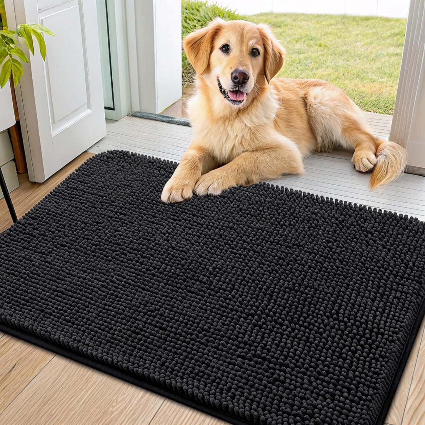 Smiry Dog Door Mat for Muddy Paws 36x24, Absorbs Moisture and Dirt Doormat, Non-Slip Washable Quick Dry Chenille Front Door Mat Indoor Entrance, Entryway Carpet for Inside Floor, Black