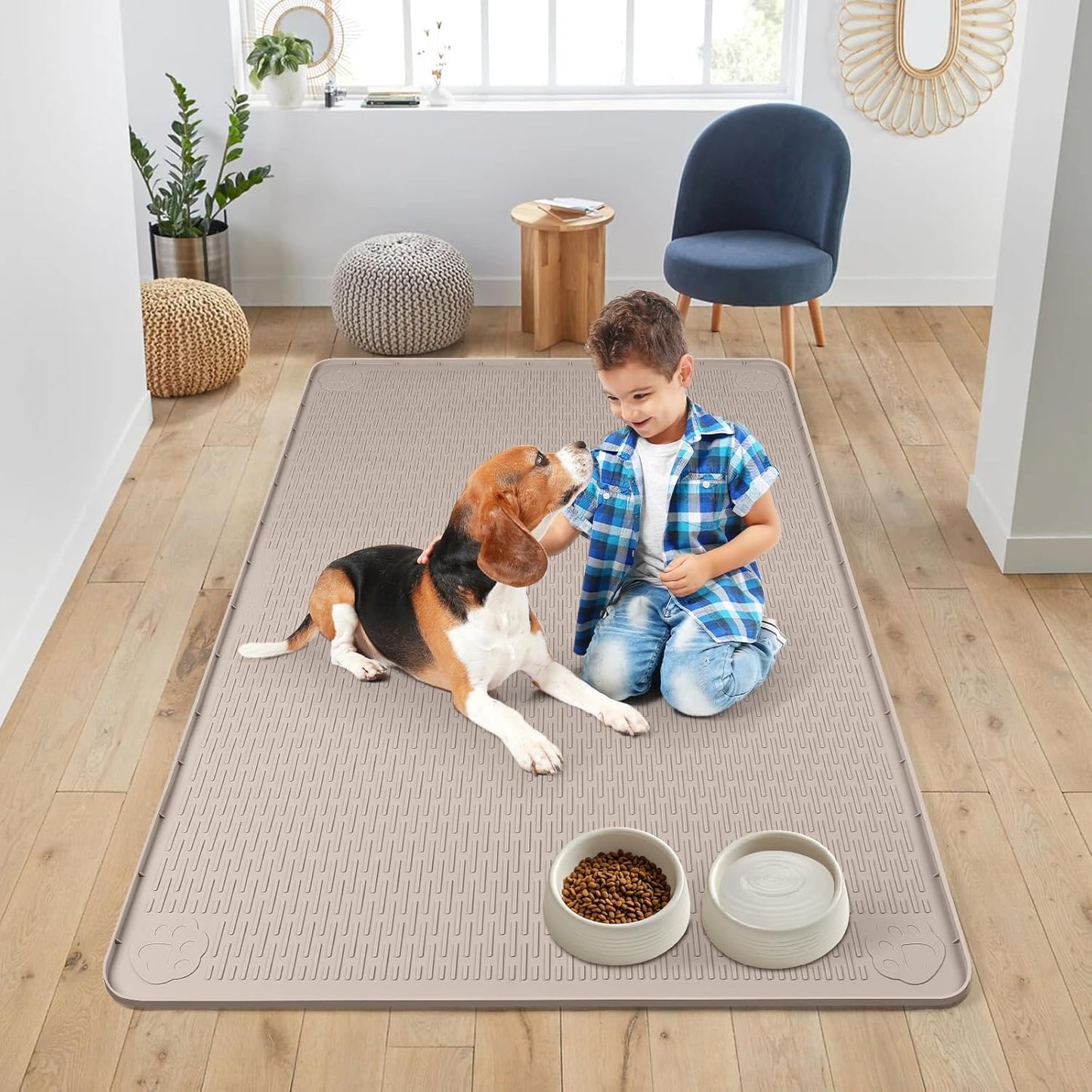 Dog Food Mat, Extra Large 50" x 35" Silicone Pet Feeding Mat with Raised Edge Pet Placemat for Small, Medium, and Large Pets Non-Slip, Easy to Clean (Khaki)