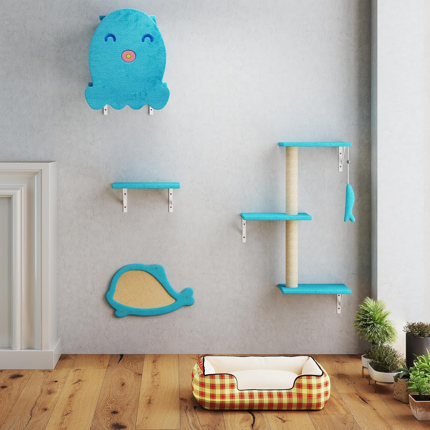 COZIWOW 4-Piece Wall-Mounted Cat Tree Set – Sturdy Wood Pet House, Scratching Board, Platforms, Sisal Posts & Blue Fish Charm – Ocean Blue