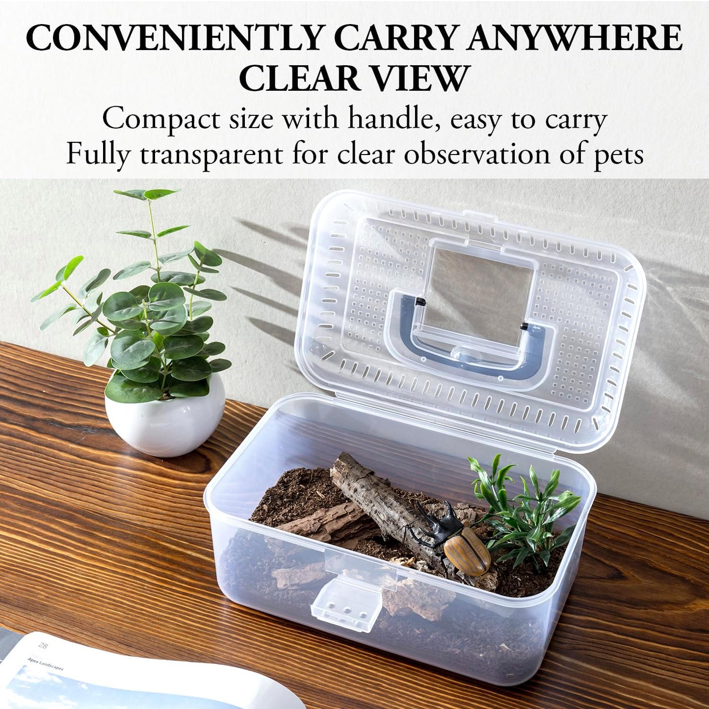 MyGift 9.5 x 6 Inch Clear Portable Insect Reptile Terrarium Tank with Black Carrying Handle, Transparent Travel Carrier for Insects Arachnids Amphibians Small Reptiles