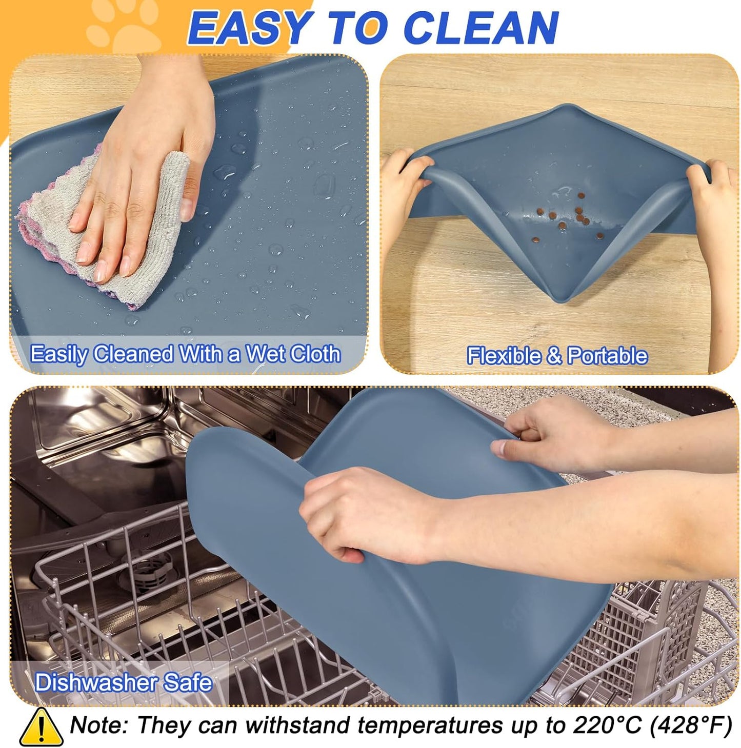 Silicone Pet Feeding Mat with Raised Edge for Food and Water, Dog Bowl Mats, Cat Bowls Placemat with High Lip for Floor Waterproof, Rubber Tray for Cats and Dogs 19 x 12 x0.7 Slate Blue