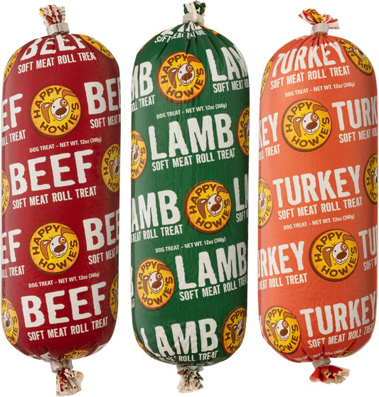 Happy Howie's Soft Meat Roll Treat - Soft Dog Food Rolls, Natural Ingredients, for All Dogs, Made in USA - Beef, Lamb, Turkey, 12 Oz (Pack of 3)