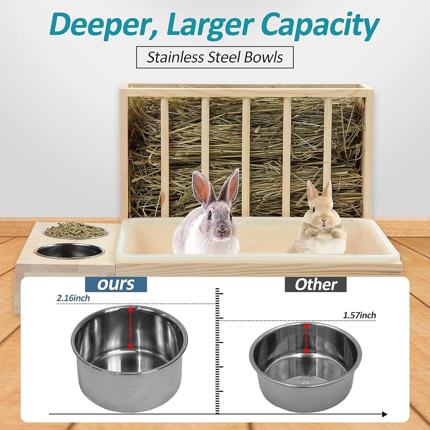 MOBYKE 3 in 1 Rabbit Hay Feeder with Litter Box, Wood, Mess Proof, for Guinea Pig, Chinchillas, Hamster, Dwarf Rabbit