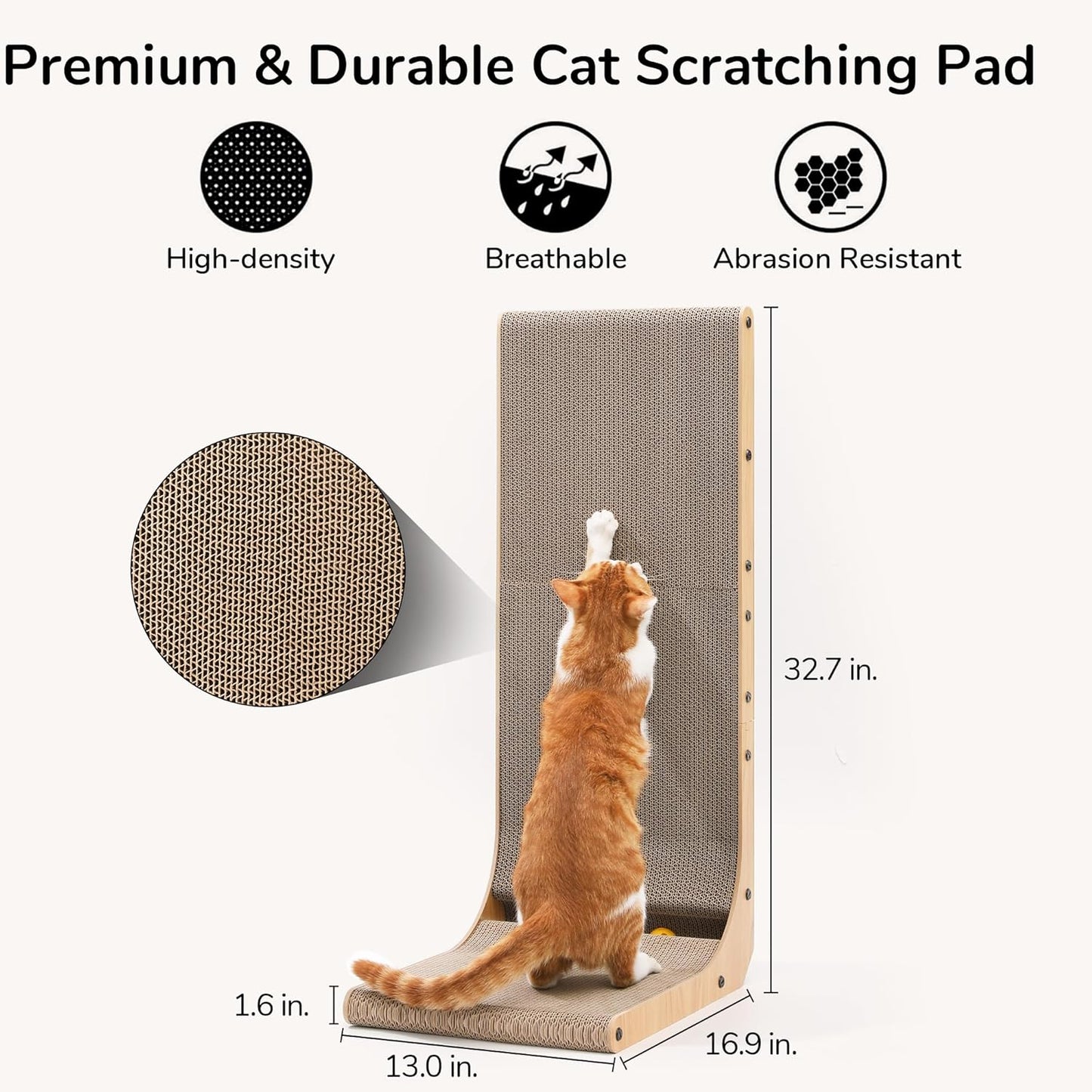 FUKUMARU Cat Scratcher, 32.7 Inch L Shape Cat Scratch Pad Wall Mounted, Cat Scratching Cardboard with Ball Toy for Indoor Cats, Extra Large