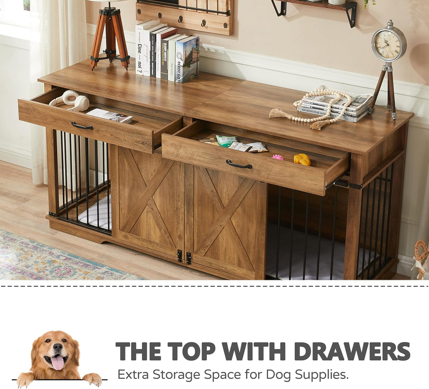 72.5" Extra Large Furniture Style Double Dog Crates for Large Breeds, XXL Wooden Dog Kennel Furniture with Drawers, Divider, Water Resistant & Barn Door for 2 Dogs, Rustic Oak