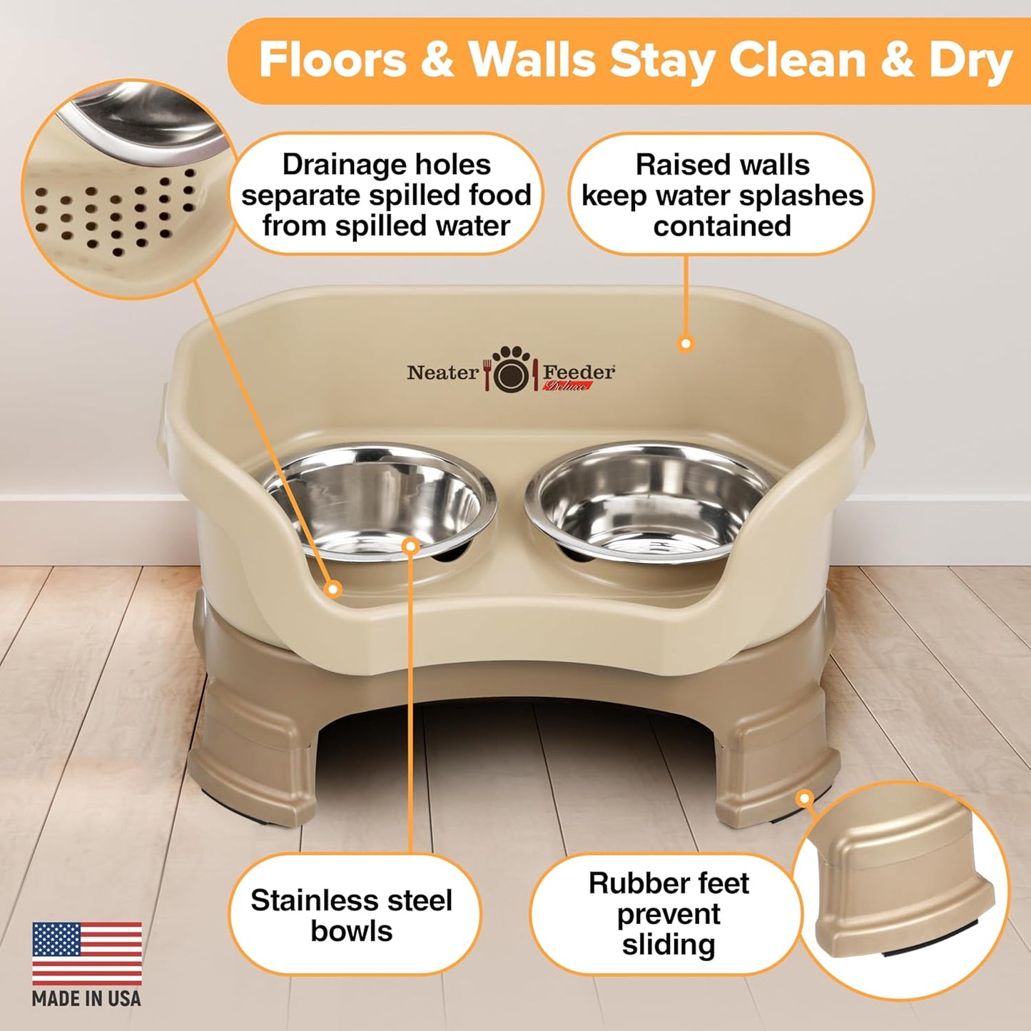Neater Feeder Deluxe Mess Proof Dog Bowls Elevated for Small Breeds – Made in USA – No Spill Raised Dog Food Bowl Stand w/Leg Extensions – Stainless Steel Dog Food and Water Bowl Set – Beige