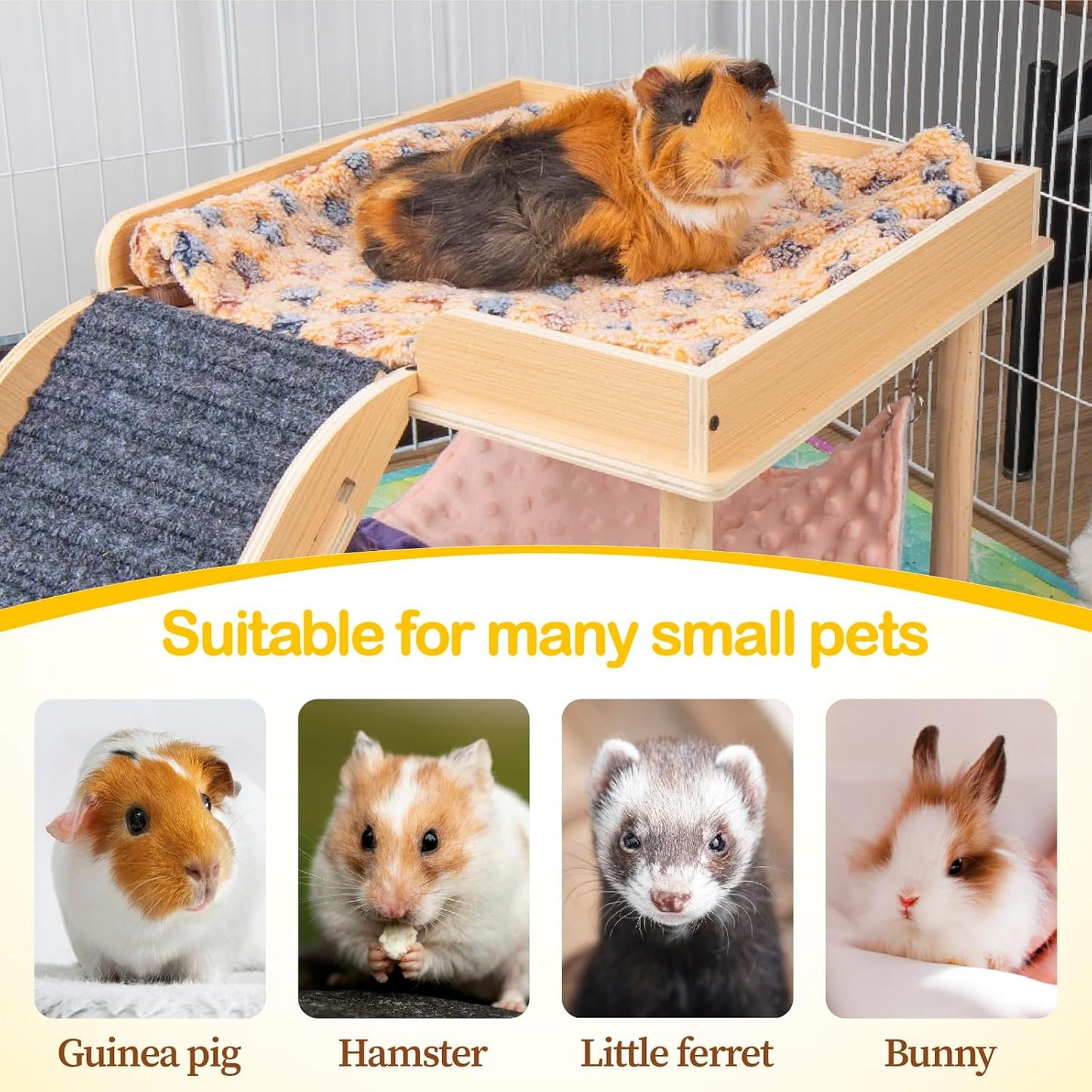 Enlarged Guinea Pig Hammock with Platform and Stairs,Wooden Small Animal Hideout for Guinea Pigs Bunny Ferret Hamster Hiding Sleeping Activities(Single)