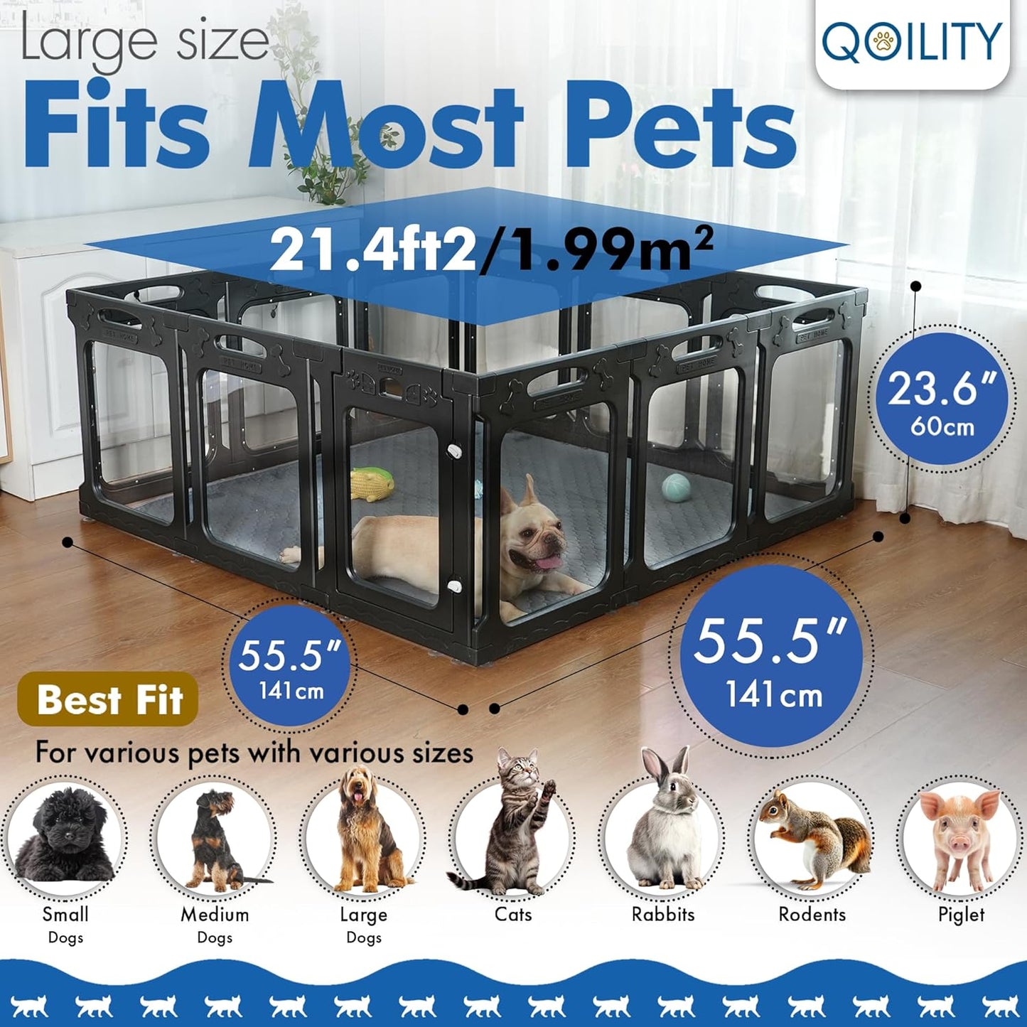 Clear Acrylic Dog Playpen Indoor, Effectively Relieves Indoor Pet Anxiety, 56" x 56" x 23.6"H, Suitable for Puppy and Dog, Black
