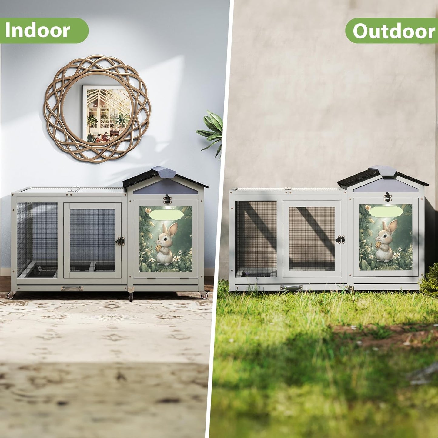 COZIWOW 38.5inches Durable Wooden Rabbit Cage Indoor，Wide Space Small Animal House with Removable Tray&Safety Lock，Rubbit Hutch with Waterproof Roof&Solar Panels (Grey with Pattern)