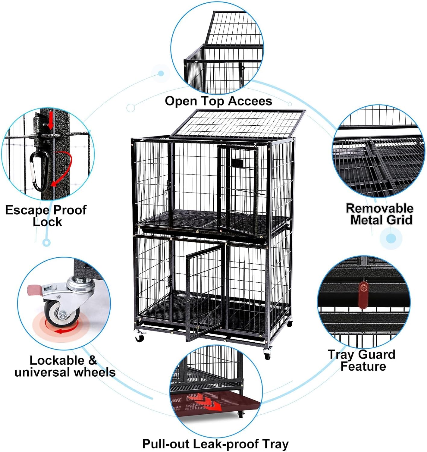 Homey Pet Four Packs 31 Inch Stackable Heavy Duty Dog Crate Cage Kennel with Four Lockable Wheels, Removable Tray, Escape Proof Wire Drop Dog Crates for Small Dogs (Two Tiers)