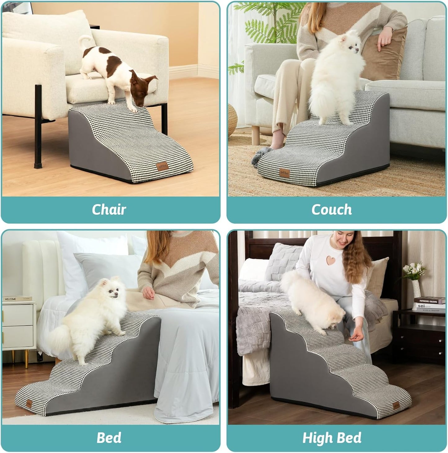 Dog Stairs for Small Dogs 19.7" H, Curved Dog Step for Puppy, Older or Cat, Medium Pet Ramp for Sofa, Couch or Bed, Ladder with High Density Foam, 15.7x28.3x19.7 inch, 4 Step, White Black