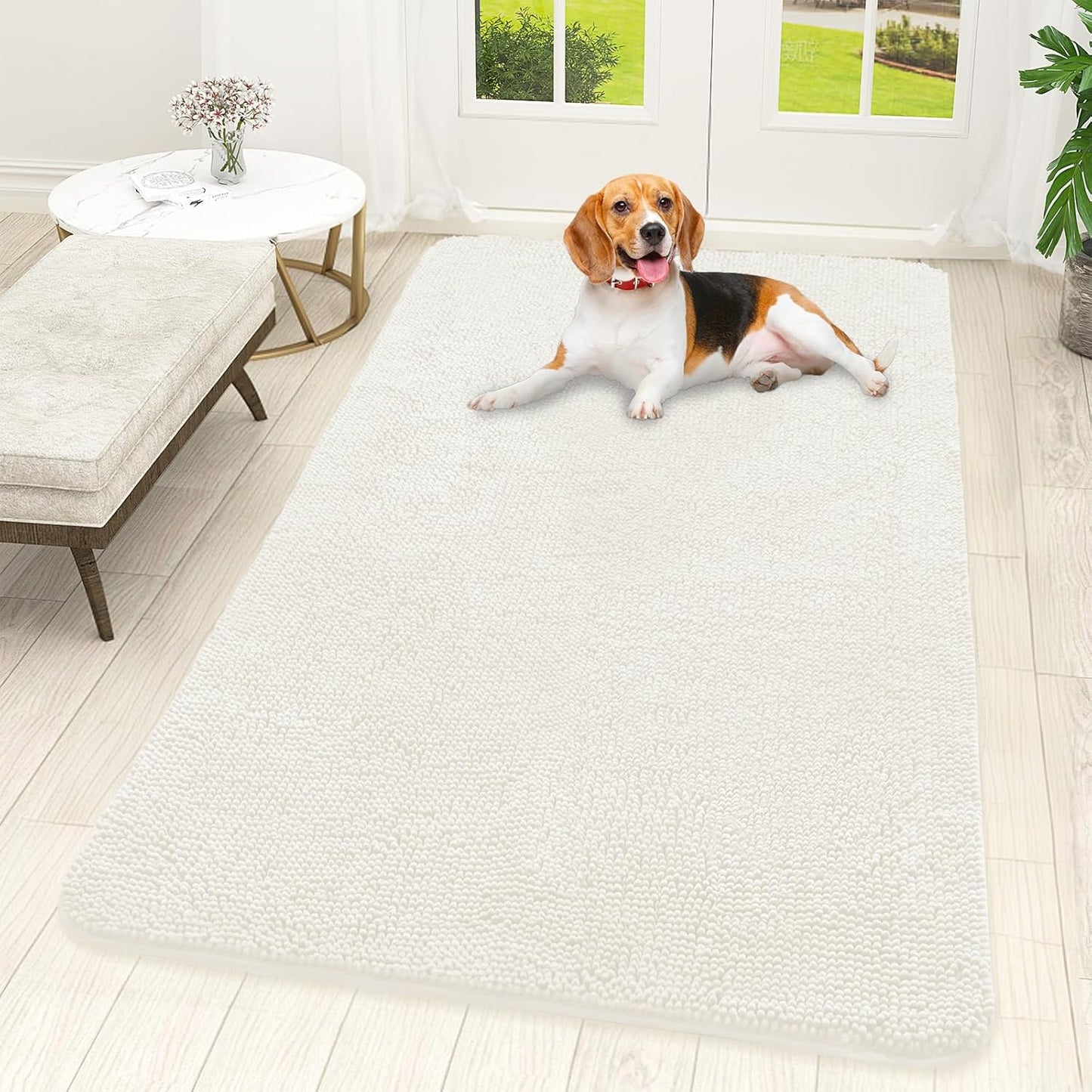 OLANLY Dog Door Mat for Muddy Paws 59x32, Absorbs Moisture and Dirt, Absorbent Non-Slip Washable Doormat, Quick Dry Chenille Mud Mat for Dogs, Entry Indoor Entryway Carpet for Inside Floor, Ivory