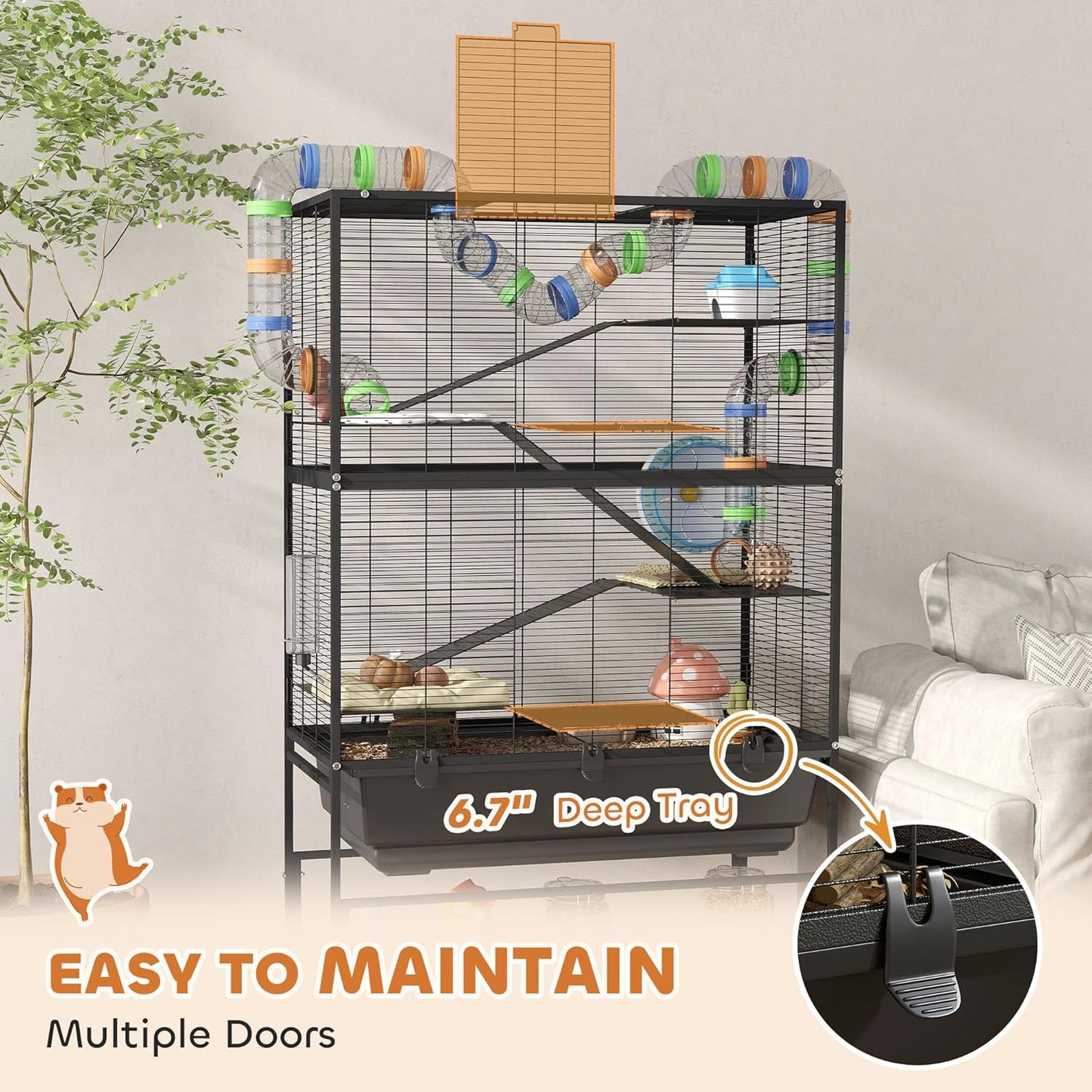 PawHut Hamster Cage with Deep Tray, 5 Tier Rolling Rat Cage with Storage Shelf, Big Exercise Wheel, Tube System, Hut, Platforms, Ramps, Food Dish, Water Bottle, for Syrian, Gerbil, Mouse