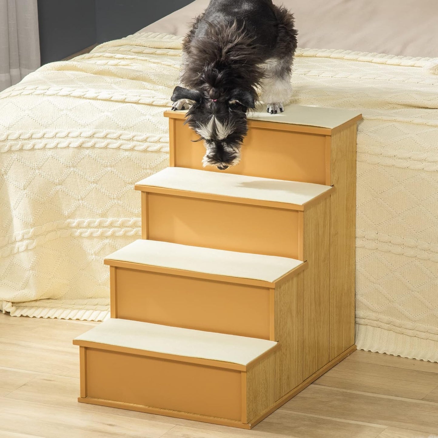 PawHut Pet Stairs, Small Pet Steps with Cushioned Removable Covering for Dogs and Cats Up to 22 Lbs., Natural
