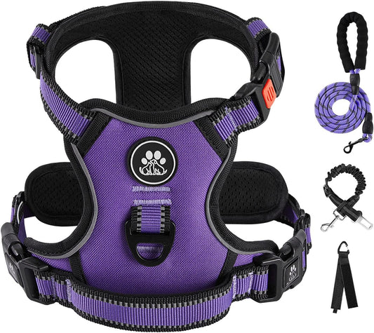 IVY&LANE No Pull Dog Harness for Large Dogs, Dog Vest Harness with Leash, Safety Belt and Storage Strap, Fully Adjustable Harness, 360° Reflective Strip, Soft Handle (Purple, L)