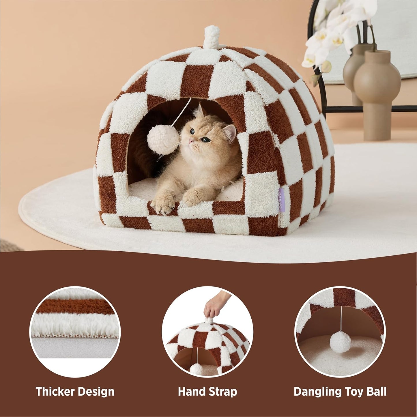 Lesure Cute Cat Beds for Indoor Cats - 2 in 1 Cat Cave Bed for Kittens and Small Pets, House with Removable Washable Cushioned Pillow, Cozy Tent House with Non-Slip Bottom, Brown, 16 inches