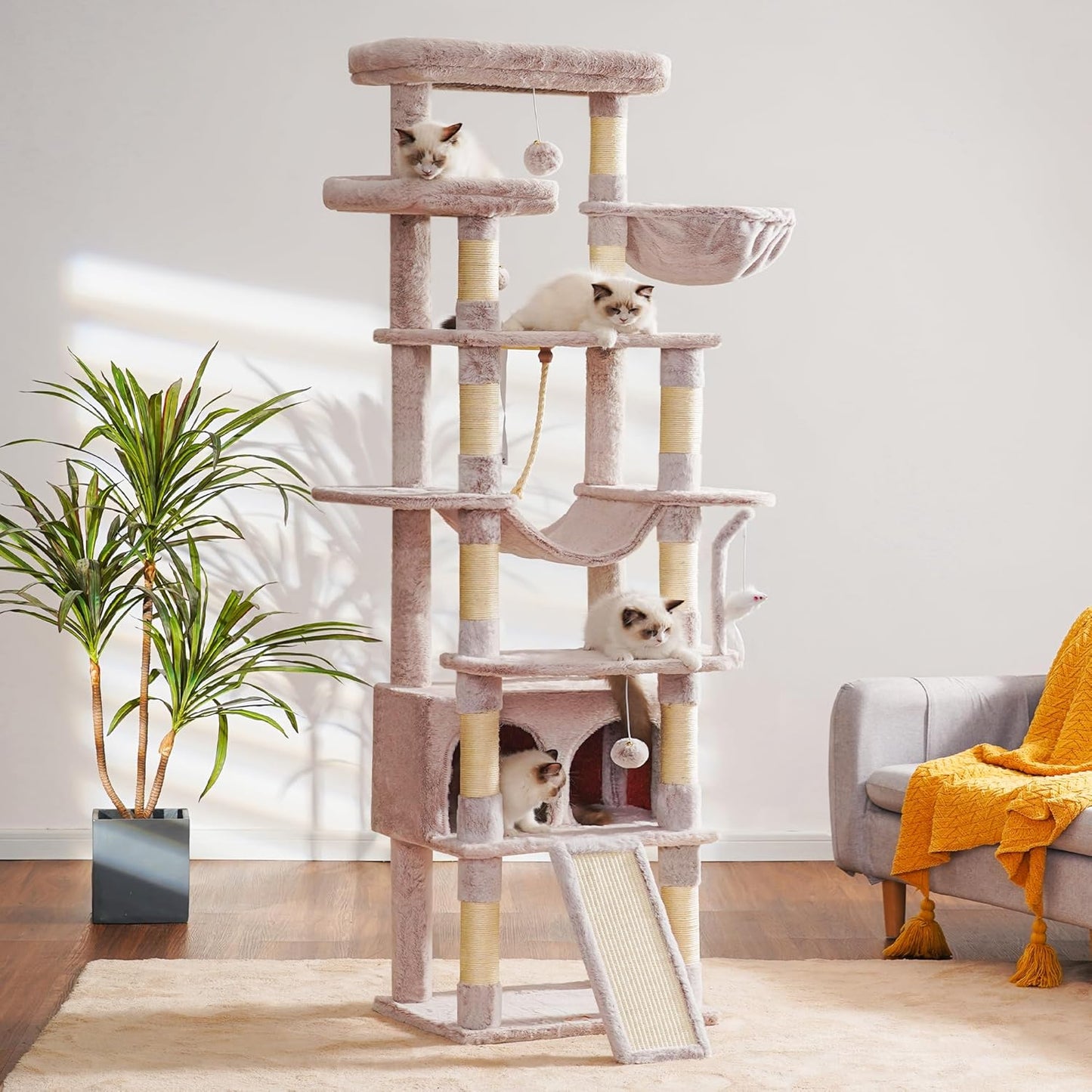 Heybly Tall Cat Tree, 78-inch Multi-Level Cat Tower for Indoor Cats, 2 Widened Plush Perches Cat Condo with Scratching Board and Big Caves, Muchroom HCT033MU