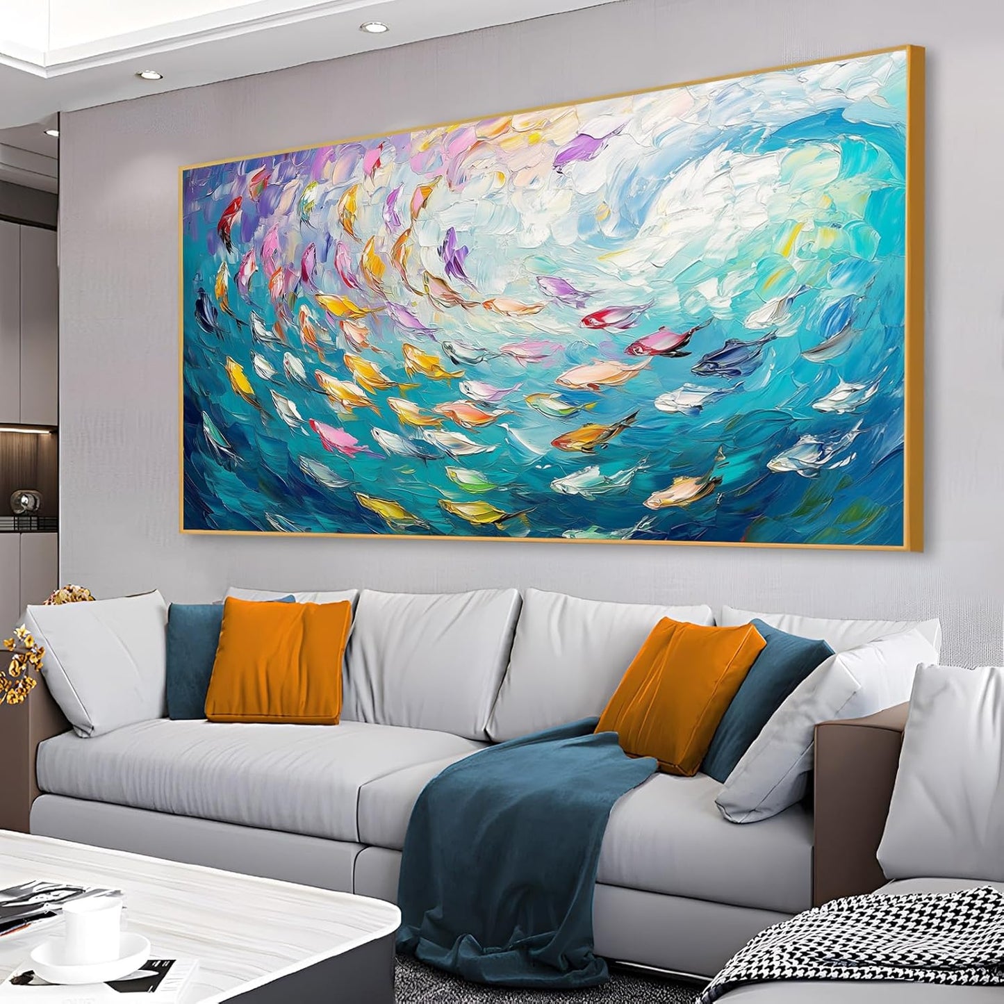Fish Canvas Wall Art, Abstract School of Fish Canvas Wall Art, School of Fish Painting Canvas, School of Fish Wall Art, Fish Wall Decor, Fish Pictures Wall Decor, Bedroom Canvas Wall Decor (Gold Framed, 59"x33" | 150x84cm)
