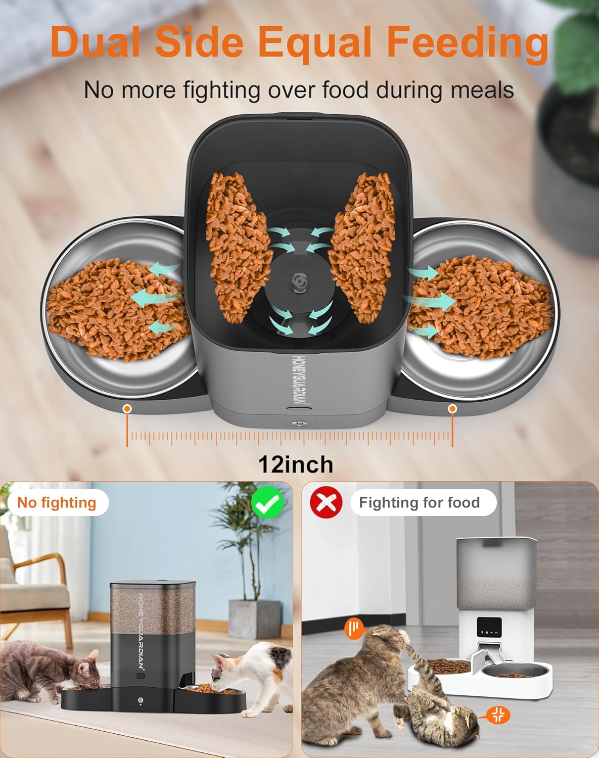 HoneyGuaridan Automatic Cat Feeder for Two Cats, 5G WiFi Smart Feed Pet Feeder with Stainless Steel Bowl,APP Control Dispenser, Dual Power Supply,Desiccant Bag,10s Meal Call Black