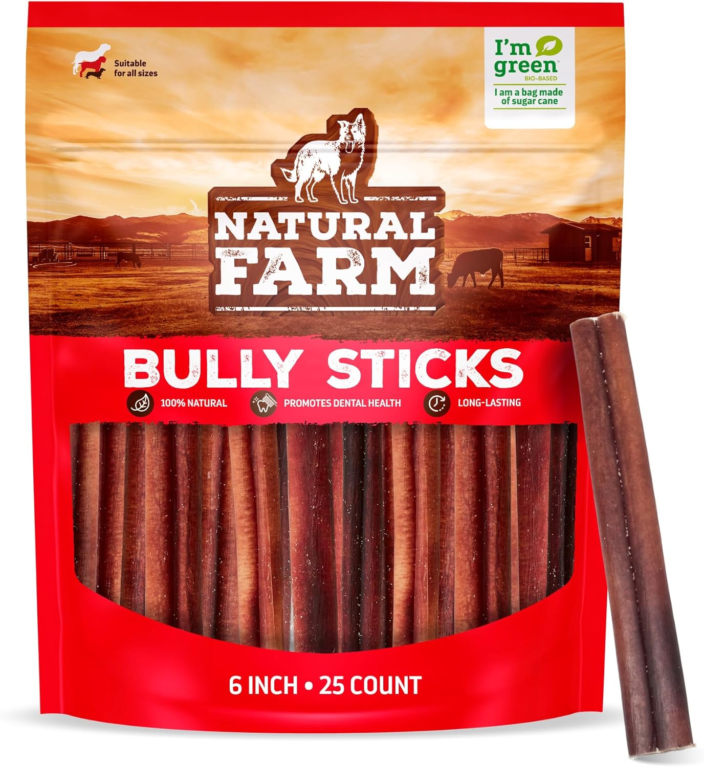 Natural Farm Odor-Free Bully Sticks (6 Inch, 25 count),1.3 lb. Bag, Fully Digestible 100% Beef Pizzle Chews,Grass-Fed, Non-GMO,Grain-Free, Natural Long-Lasting Chews for Small & Large Dogs. Pack of 25