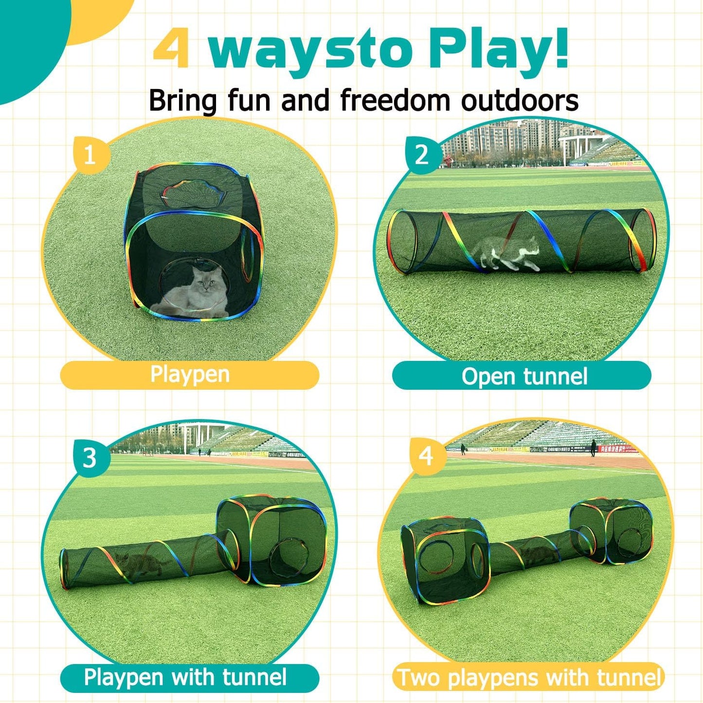 LUCKITTY Outdoor Rainbow Cat Enclosures Playground,Outside House for Indoor Cats Include Portable Tent, 2 Way with 2 Cube Tunnel, for Kitty and Small Animals,Within Storage Bag