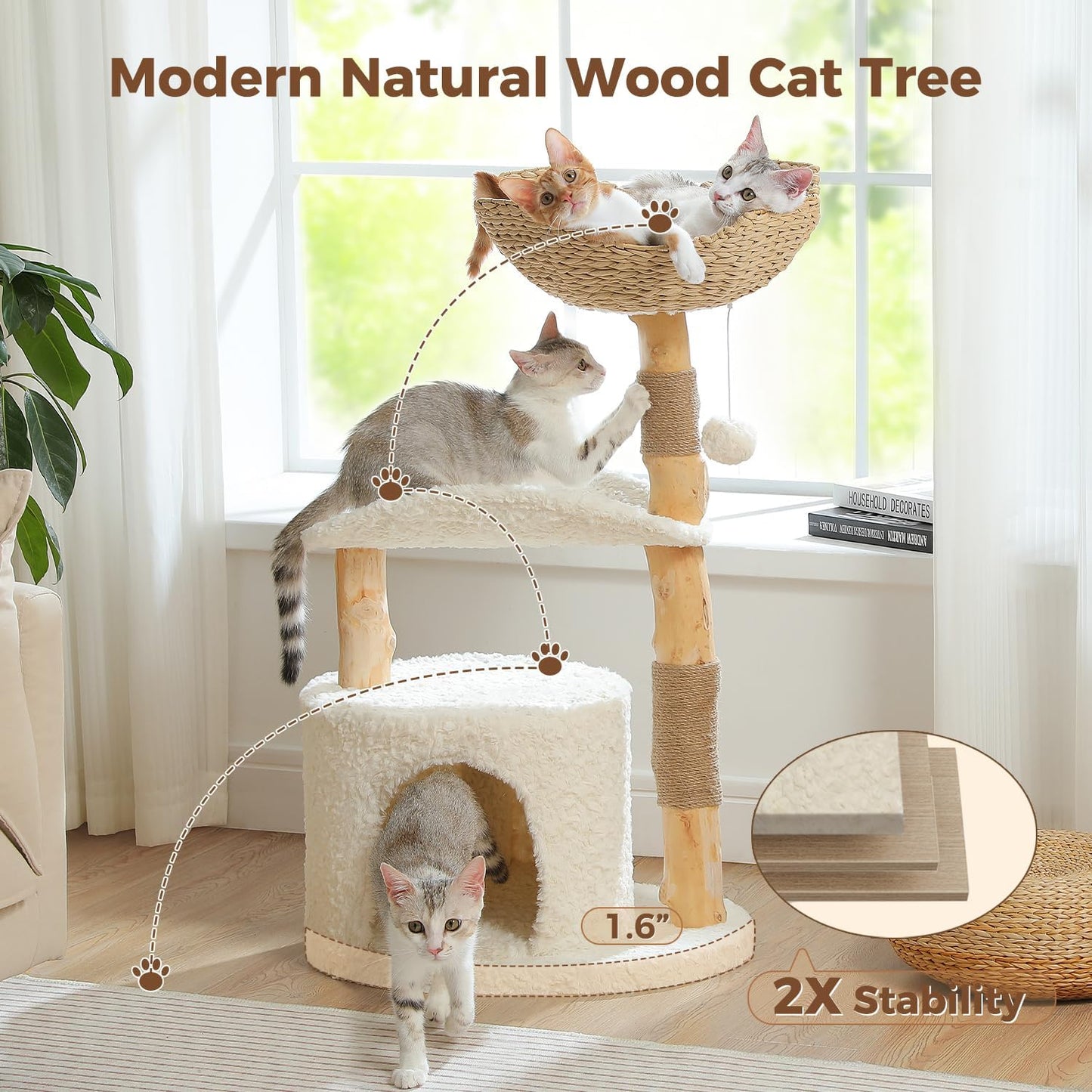 PAWZ Road Cat Tree for Indoor Cats Large Adults,38 Inches Modern Cat Tree Tower with Spacious Wicker Basket,Natural Solid Wood Scratching Posts,Curved Bed,Luxury Cat Condo for Large Cat