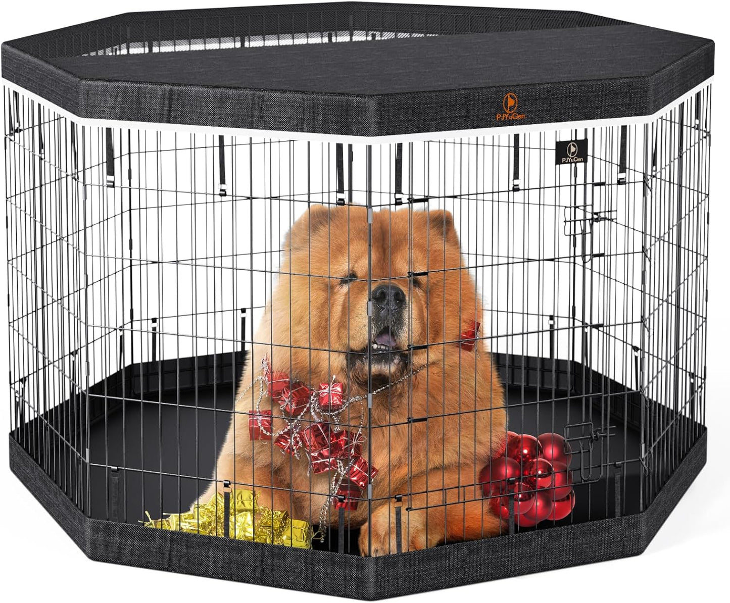 PJYuCien Dog Playpen, 8 Panels 42’’H Dog Pens Indoor with Bottom Pad and Top Cover, Metal Foldable Pet Puppy Exercise Fence Crate Kennel, Better for Medium and Big Animals,Black