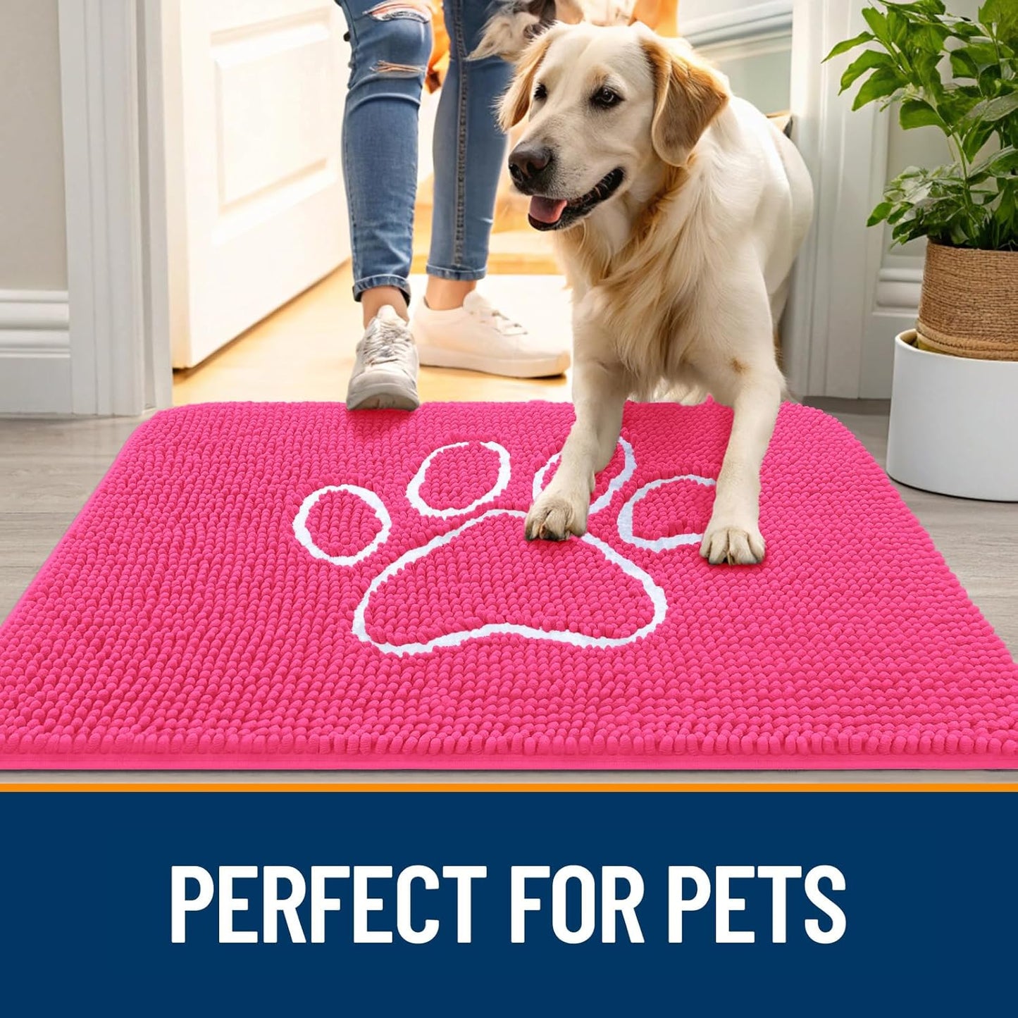 OLANLY Door Mat for Muddy Dog Paws 30x20, Ultra Absorbent Chenille Mud Doormat with Paw Print Design, Non-Slip Washable Doormat for Indoor Entryway, Quick-Dry Pet Bed Mats for Dirty Dogs, Hot Pink