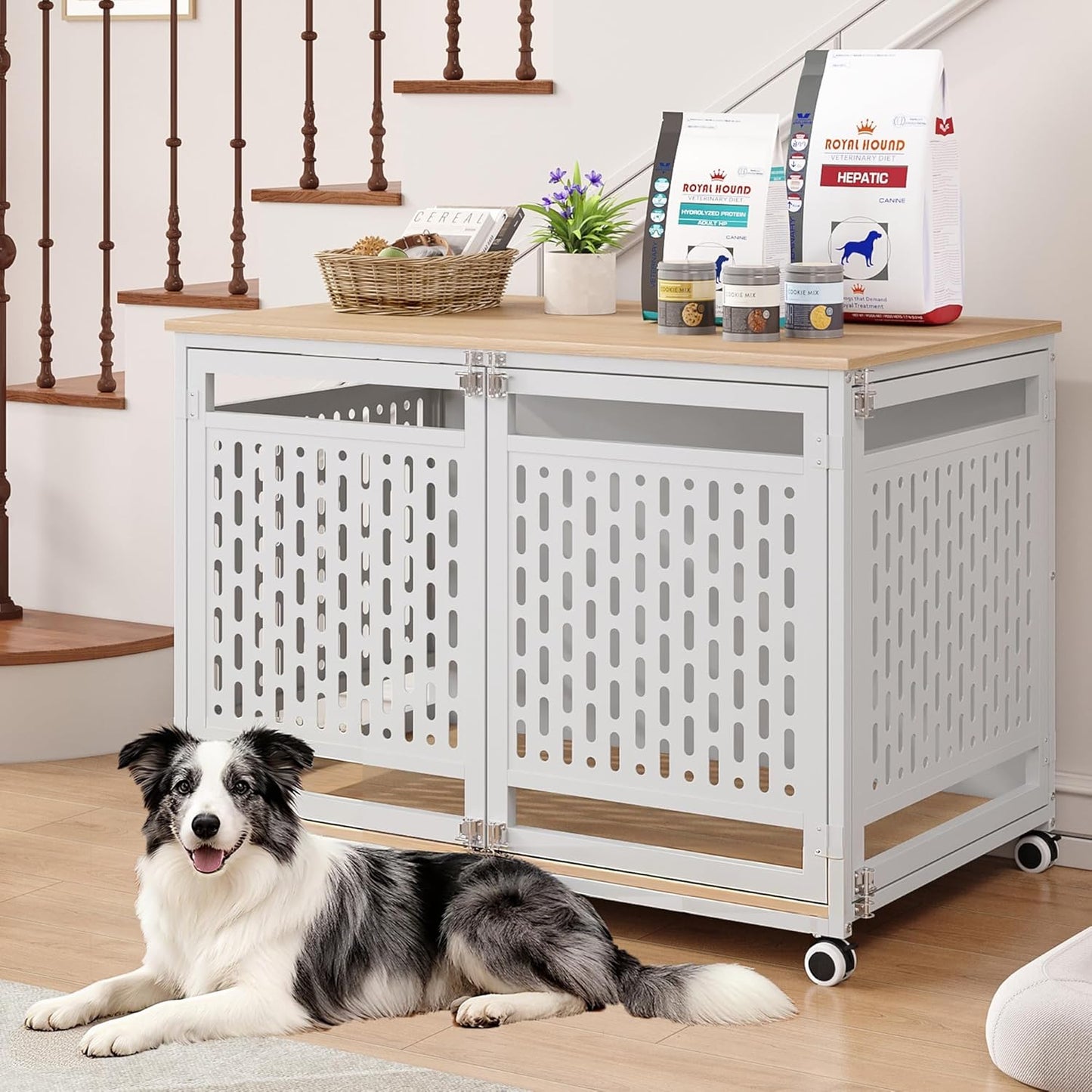 40.1" Dog Crate Furniture for Medium/Large Breed, Dog Kennel Furniture with Wheels, Heavy Duty Wooden End Side Table Pet Cage Indoor, Chew-Resistant, White