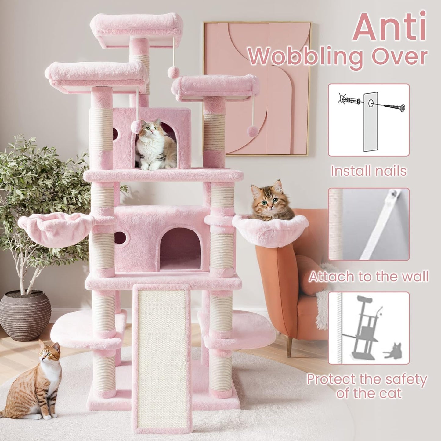 SHA CERLIN 68 Inches Multi-Level Large Cat Tree for Large Kitties/Big Cat Tower with Condo/Cozy Plush ‌Pussycat Perches/Sisal Scratching Posts and Hammocks/Activity Center/Pink