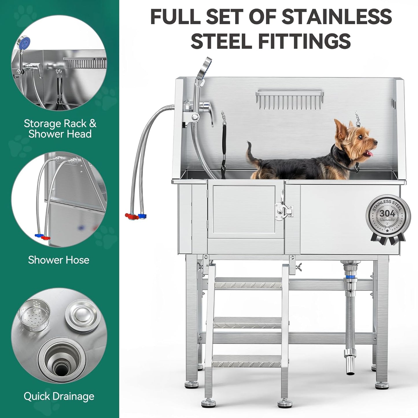 YITAHOME Dog Grooming Bathtub 38in, Professional 304 Stainless Steel Dog Bathing Station Tub w/Left Stairs, Faucet, Floor Grate, Pet Washing Station for Small, Medium, Indoor, Outdoor
