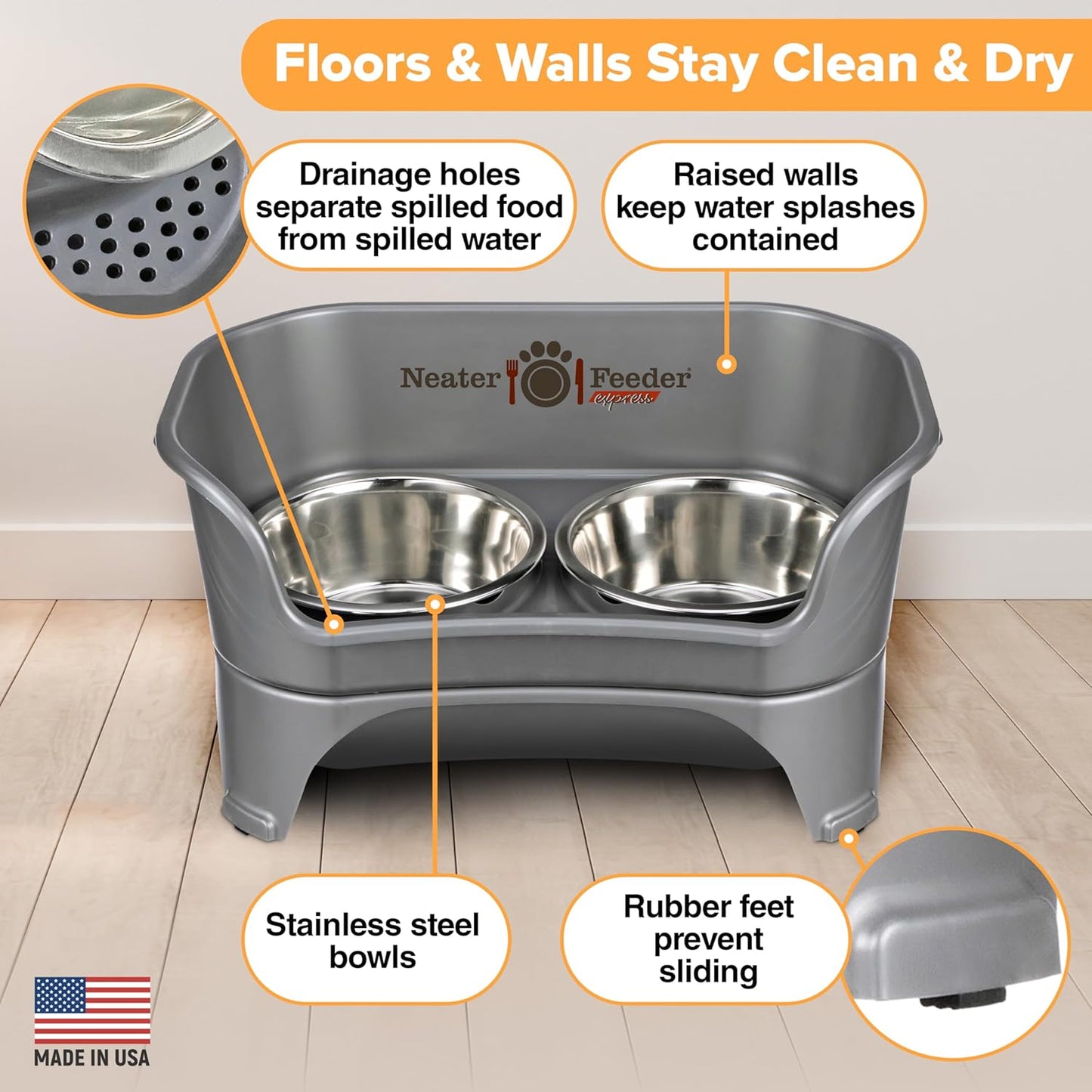 Neater Feeder Express Mess Proof Dog Bowls Elevated for Medium to Large Sized Breed, No Spill Raised Dog Food Bowl Stand, Stainless Steel Food and Water Bowl Set, Pet Dish Feeding Station, Grey
