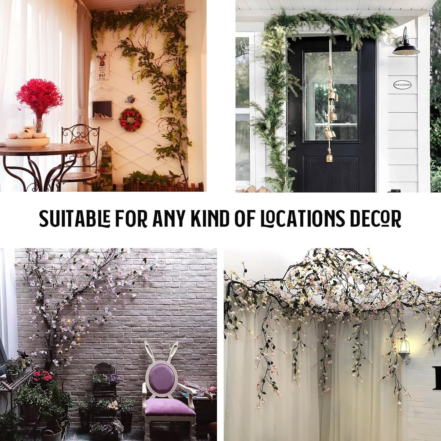 98in Bendable Wall Hanging Artificial Cherry Blossom Tree Vines Fake Reptile Plants Branches Twigs Trunk Garland for 3D Outdoor Bedroom Garden Home Background Halloween X'Mas Decoration