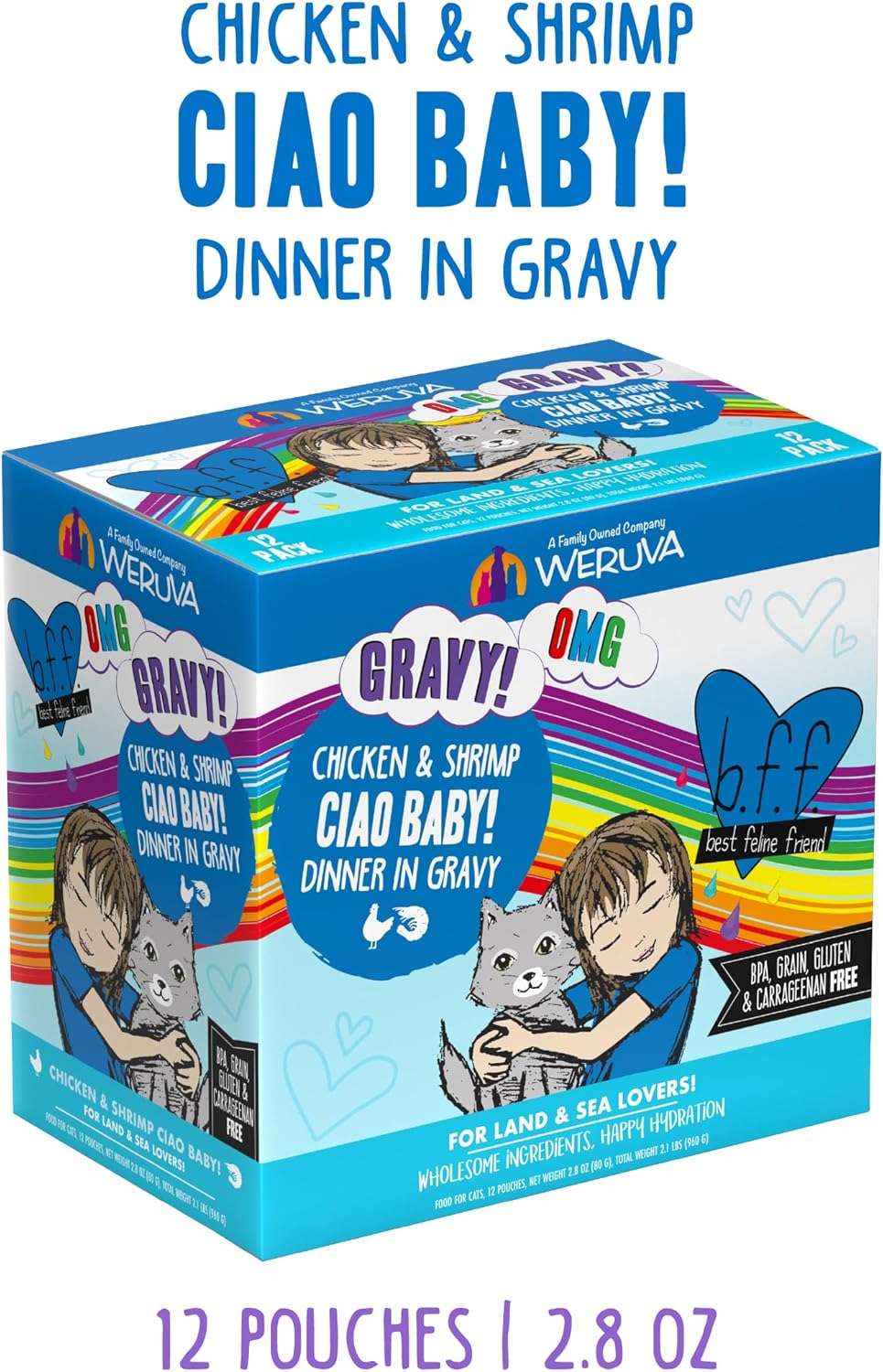 Weruva B.F.F. OMG - Best Feline Friend Oh My Gravy!, Ciao Baby! with Chicken & Shrimp in Gravy Cat Food, 2.8oz Pouch (Pack of 12)