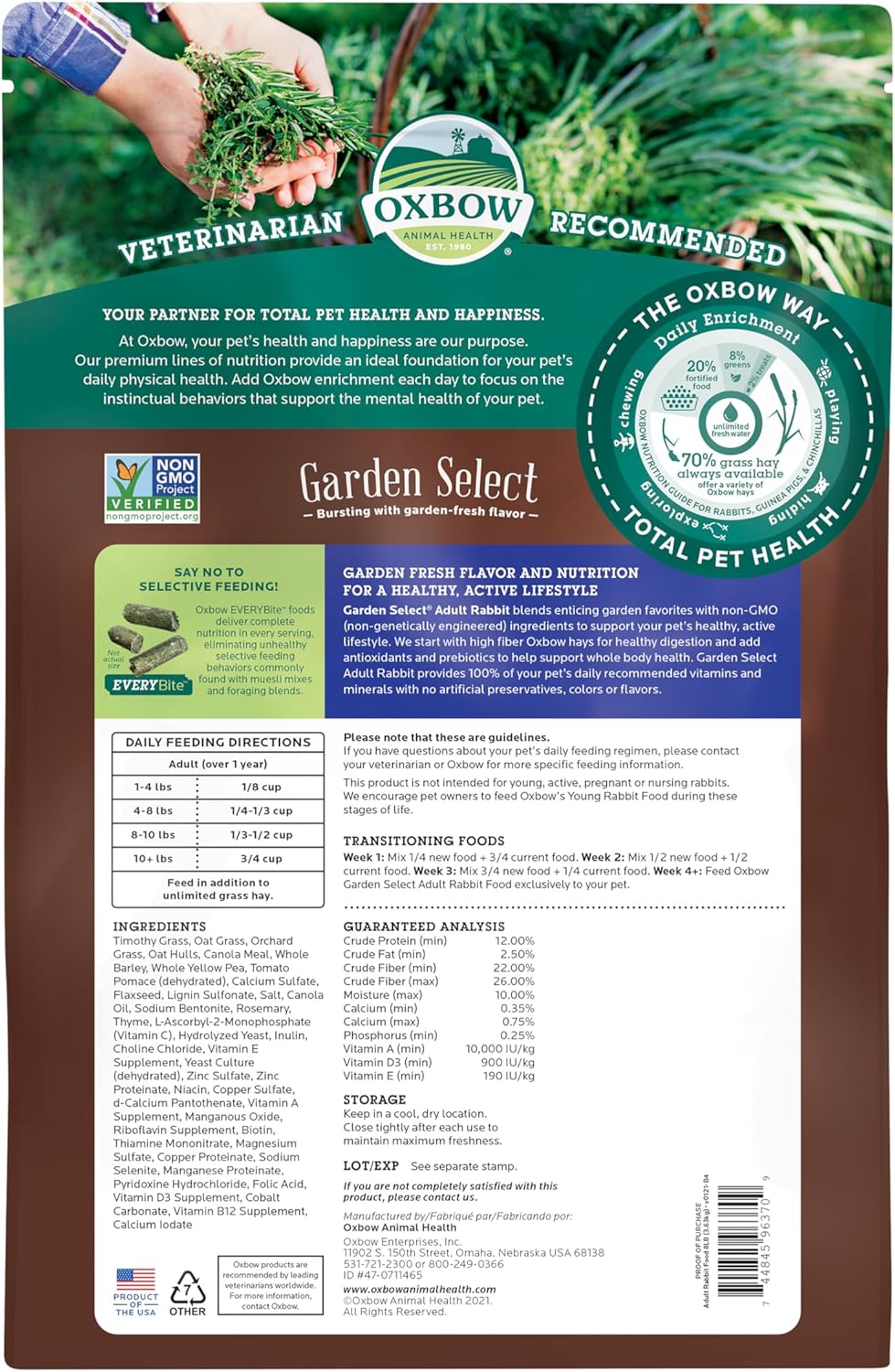 Oxbow Garden Select Rabbit Food, Adult, Made Timothy Hay for Rabbit, Bunny Food Pellets, Non-GMO, No Soy or Wheat, Small Animal Pet Products, Made in USA, High Fiber, 8 lb. Bag