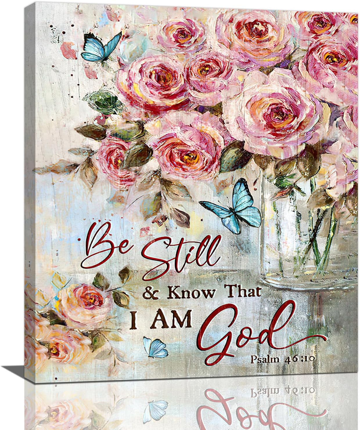 Farmhouse Rose Wall Art Christian Scripture Pictures Pink Rose Wall Decor Rustic Floral Butterfly Canvas Print Painting Artwork for Bathroom Living Room Bedroom 20"x24"