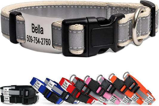 GoTags Reflective Personalized Dog Collar with Nameplate, Adjustable Dog Collar with Custom Engraved Steel Slide On Pet ID Tag, Silent, No Noise Dog Tag for Large Medium or Small (Beige, Large)