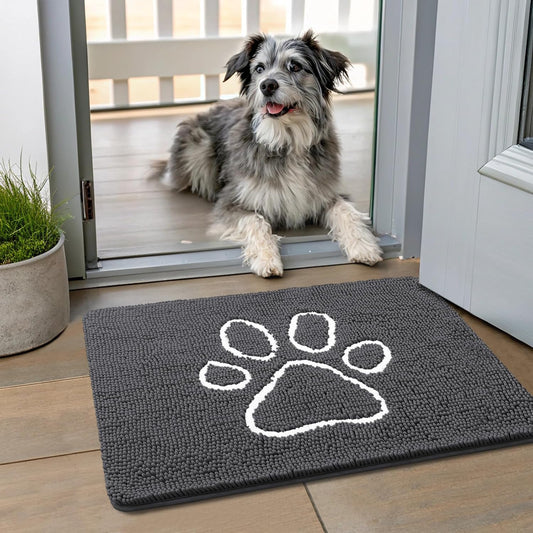 Smiry Dog Door Mat for Muddy Paws, Absorbent Dirt Trapper Non Slip Quick Dry Washable Chenille Mat for Mud Dogs, Entry Rug for Indoor and Outdoor (24x16 Inches, Dark Grey and White)